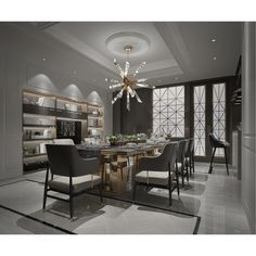 an elegant dining room with chandelier and large windows in the back drop ceiling