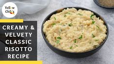 creamy and velvety classic risotto recipe in a black bowl on a table