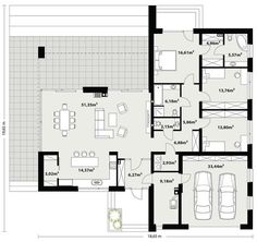 the floor plan for a house with two cars parked in front of it and a living room