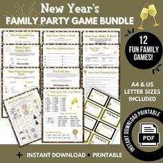 the new year's family party game bundle includes four games and two printables