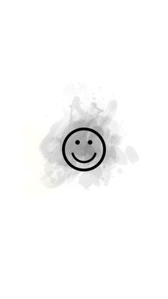 a black and white drawing of a smiley face on a white background with watercolor stains