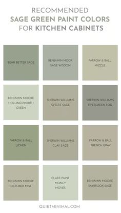 the sage green paint colors for kitchen cabinets are shown in several different shades and sizes