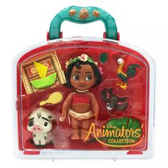 an action figure in a plastic case with a toy cow and other toys on it