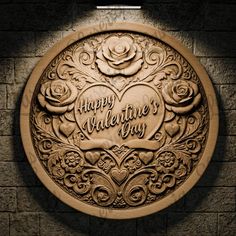 a wooden plaque with the words happy valentine's day carved into it on a brick wall