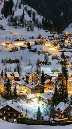 a snowy village is lit up at night with lights on the houses and trees in the foreground