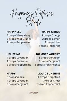 Transform your space with these uplifting Happiness Diffuser Blend Recipes! Elevate your mood and create a joyful atmosphere at home or work. These blends harness the power of essential oils to promote happiness and well-being. Contact me to learn more about essential oils and natural health, and discover how these blends can enhance your life! 🌼💧 #EssentialOils #DiffuserBlends #NaturalHealth #HappinessBlend Diffuser Candle Blends, Good Vibes Diffuser Blend, Relaxing Diffuser Blend Doterra, Living Room Diffuser Blends, Peaceful Essential Oil Blend Diffuser, Cleansing Essential Oils Diffuser Blends, Motivate Diffuser Blend Doterra, Essential Oil Energy Blend, Nighttime Oil Diffuser Blend