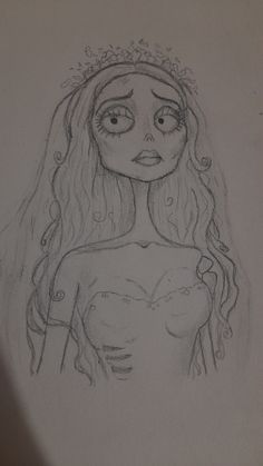 a pencil drawing of a woman with long hair and big eyes wearing a tiara