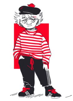 a drawing of a boy in striped shirt and black pants with red shoes on his feet