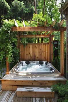 Rustic wooden hot tub with a pergola, integrated into a serene backyard setting. Got Tub Patio, Plants Around Hot Tub, Built In Hot Tub Ideas Backyard, Hot Tub Privacy Ideas, Hot Tub Ideas Backyard