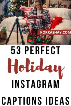 a woman sitting on a couch in front of a christmas tree with the words 35 perfect holiday