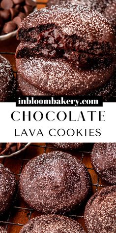 chocolate lava cookies on a cooling rack with powdered sugar sprinkled on top