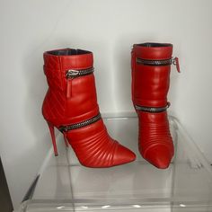 These Boots Are Red Hot!!! Super Sexy!! In Excellent Shape-Look Almost New!! Look Closely At The Toe And Heel Photos. There Is Slight Scuffing. Heel Height Is 4.5 Inches S23 Luxury Red Heeled Boots For Party, Glamorous Red Boots For Night Out, Red Ankle Boots For Night Out, Luxury Red Boots For Party, Designer Red Party Boots, Luxury Red Pointed Toe Heeled Boots, Red Ankle Boot Heels For Night Out, Giuseppe Zanotti Boots, Zanotti Shoes