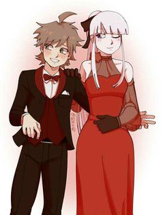 two people dressed up in formal wear and one is wearing a red dress with black gloves