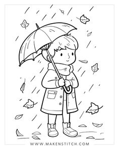 Boy Holding Umbrella in Fall Rainy Weather Barbie Coloring, Barbie Coloring Pages, Adult Colouring Pages, Fall Coloring Pages, Coloring Pages For Girls, Digi Stamp, Copic Coloring, Digi Stamps, Coloring Book Pages