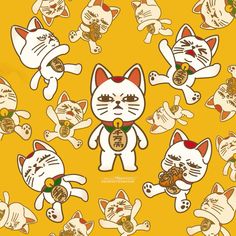 a bunch of cats that are on a yellow background