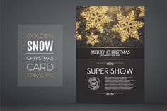 two christmas cards with gold snowflakes on them