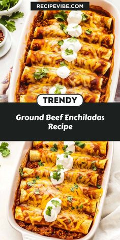 Easy Ground Beef Enchiladas Recipe! Discover the ultimate weeknight dinner with these delicious enchiladas! Featuring flavorful ground beef, fresh ingredients, and a spicy kick, this dish is a crowd-pleaser. Perfect for meal prep or feeding a crowd—serve with your favorite sides for a complete feast! Enjoy every bite! Beef Enchiladas Healthy, Easy Cheesy Ground Beef Enchiladas, Enchilada Pie Recipe Ground Beef, The Best Enchiladas Ever, Best Recipes With Ground Beef, Ground Pork Enchiladas, Enchiladas For A Crowd, Ground Beef Burrito Recipe, Creamy Beef Enchiladas