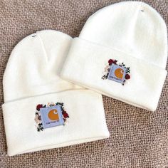 Hand Embroidered Carhartt watch hat- Acrylic beanies MADE TO ORDER Toddler size and colors listed are available now ready for orders.  Any other color or size will need to be  ordered for you! Please allow extended processing time as other sizes and colors will need to be purchased after consultation for your order.  Please send me a message to consult color, size and embroidery pattern.  Colors for floral patterns can also be custom! select custom in pattern selection and optional personalization, in addition to messaging me with your request. Name personalization is not offered White Hat For Fall Streetwear, White Streetwear Hat For Fall, White Fall Streetwear Hat, Casual Adjustable Beanie With Embroidered Logo, Casual Winter Hats With Custom Embroidery, Casual White Beanie As Gift, Toddler Carhartt Beanie, Toddler Carhartt, Carhartt Beanies