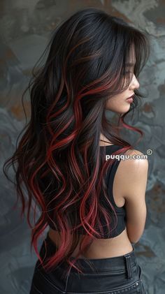 Brunette Red Peekaboo, Black Hair With Red Highlights, Edgy Vibes, Black Red Hair, Red Ombre Hair, Strawberry Blonde Hair Color, Peekaboo Hair, Haircut Style