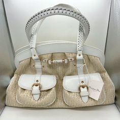 Excellent Condition Christian Dior Handbag With Matching Wallet Christian Dior "My Dior" Handbag & Wallet White & Gold Jacquard Canvas White Leather Handles & Trim Gold-Tone Hardware Double Front Pockets With Magnetic Snap Whipstitch Design On White Leather Handles Zipper Closure Top Beige Nylon Lined Interior 1 Interior Zip Pocket 2 Interior Patch Pockets Approx. Measurements: L: 15.5" X H: 10" X D: 7" Strap Drop: 7" Wallet Snap Closure Zippered Coin Pouch On Back 11 Card Slots 3 Money Slots Ap Bags Christian Dior, Dior Purse, Christian Dior Handbags, Dior Shoulder Bag, Lady Dior Handbag, Dior And I, Dream Bag, Dior Handbags, Handbag Wallet