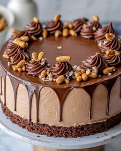 a chocolate cake topped with nuts on top of a table