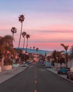 a street lined with parked cars and palm trees at sunset in the background is a pink sky