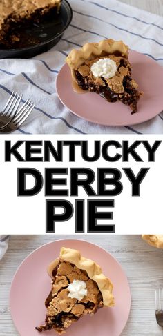 a piece of kentucky derby pie on a pink plate