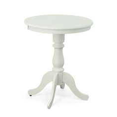 a small white table with an oval top and wooden legs, on a white background