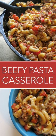 beefy pasta casserole in a blue skillet