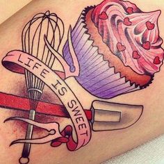 a woman's thigh with tattoos on it and an image of a cupcake