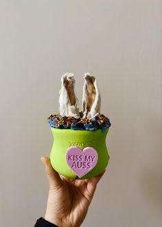 A large green rubber enrichment dog toy filled with raw food and topped with two rabbit ears with blue yogurt on the edges. Toppl Dog Recipes, Cat Meals, Koda Bear, Dog Easter Basket, Dogs Stuff, Spoiled Dogs, Dog Enrichment