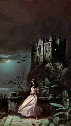 a painting of a woman standing in front of a castle