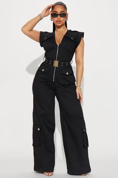 Available In White And Black. Jumpsuit Short Sleeve V Neck Front Zipper Cargo Wide Leg Non Stretch Inseam= 33" 97% Polyester 3% Spandex Imported | Making Headlines Jumpsuit in Black size Small by Fashion Nova Cargo Jumpsuits For Women, All Black Everything Outfit, Cargo Jumpsuit Outfit, Jumpsuits For Women Black, Black Jumpsuit Short, Jumpsuit Outfit Black, Jumpsuit Short Sleeve, All The Right Moves, Jumpsuit Short