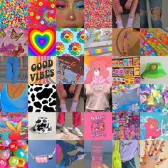 the collage is colorful and has many different things on it, including an image of a woman