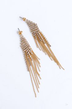 Gold Rhinestone Beaded Fringe Earrings Elegant Jeweled Beaded Earrings For Party, Jeweled Dangle Beaded Earrings For Party, Gold Crystal Earrings With Rhinestone Fringe, Gold Chandelier Earrings With Rhinestone Fringe For Party, Beaded Metal Chandelier Earrings For Party, Crystal Beaded Earrings For Party, Crystal Beaded Drop Earrings For Party, Party Beaded Crystal Earrings, Elegant Rhinestone Beaded Dangle Earrings