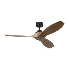 a black ceiling fan with wooden blades