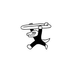 a black and white drawing of a man holding a skateboard on his head while jumping in the air