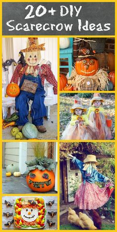 pumpkins and scarecrows are featured in this collage with the words, 20 diy scarecrow ideas