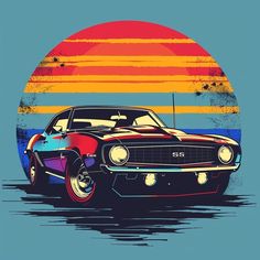 an old muscle car with the sun in the background