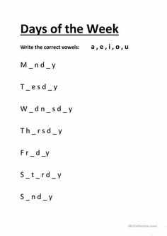 the words days of the week written in black and white on a sheet of paper