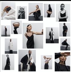 a collage of photos with people dressed in black and white, including one woman wearing a dress