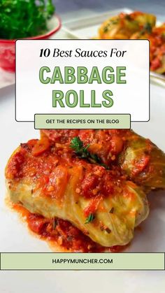 cabbage rolls on a plate with text overlay that reads 10 best sauces for cabbage rolls get the recipe on the blog