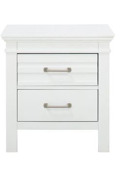 a white nightstand with two drawers on one side and an open drawer on the other