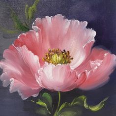 an oil painting of a pink flower on a black background with green leaves and buds