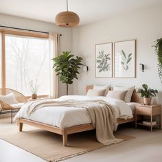 a bedroom with a bed, chair and potted plant in the corner next to it