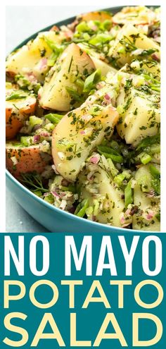 this potato salad is made with potatoes, broccoli and parsley in a blue bowl