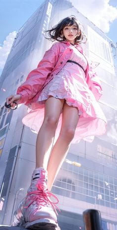 a woman in a pink dress and sneakers standing on top of a luggage bag near a tall building