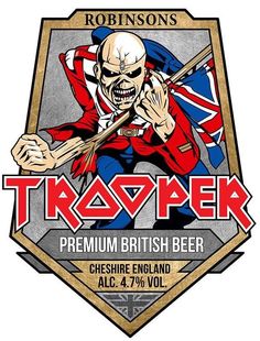 a beer label with an image of a skeleton holding a baseball bat and the words trooper