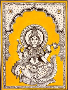 Saraswati, The Goddess of Knowledge by Pratibha Madan Preetkriti Kalamkari Goddess Painting, Saraswati Goddess Mandala Art, Saraswati Maa Mandala Art, Kalamkari Painting On Canvas, Saraswati Madhubani Painting, God Painting Ideas, Saraswati Goddess Drawing, Saraswati Mandala Art, Kalamkari Painting Traditional