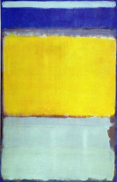 an abstract painting with blue, yellow and white stripes